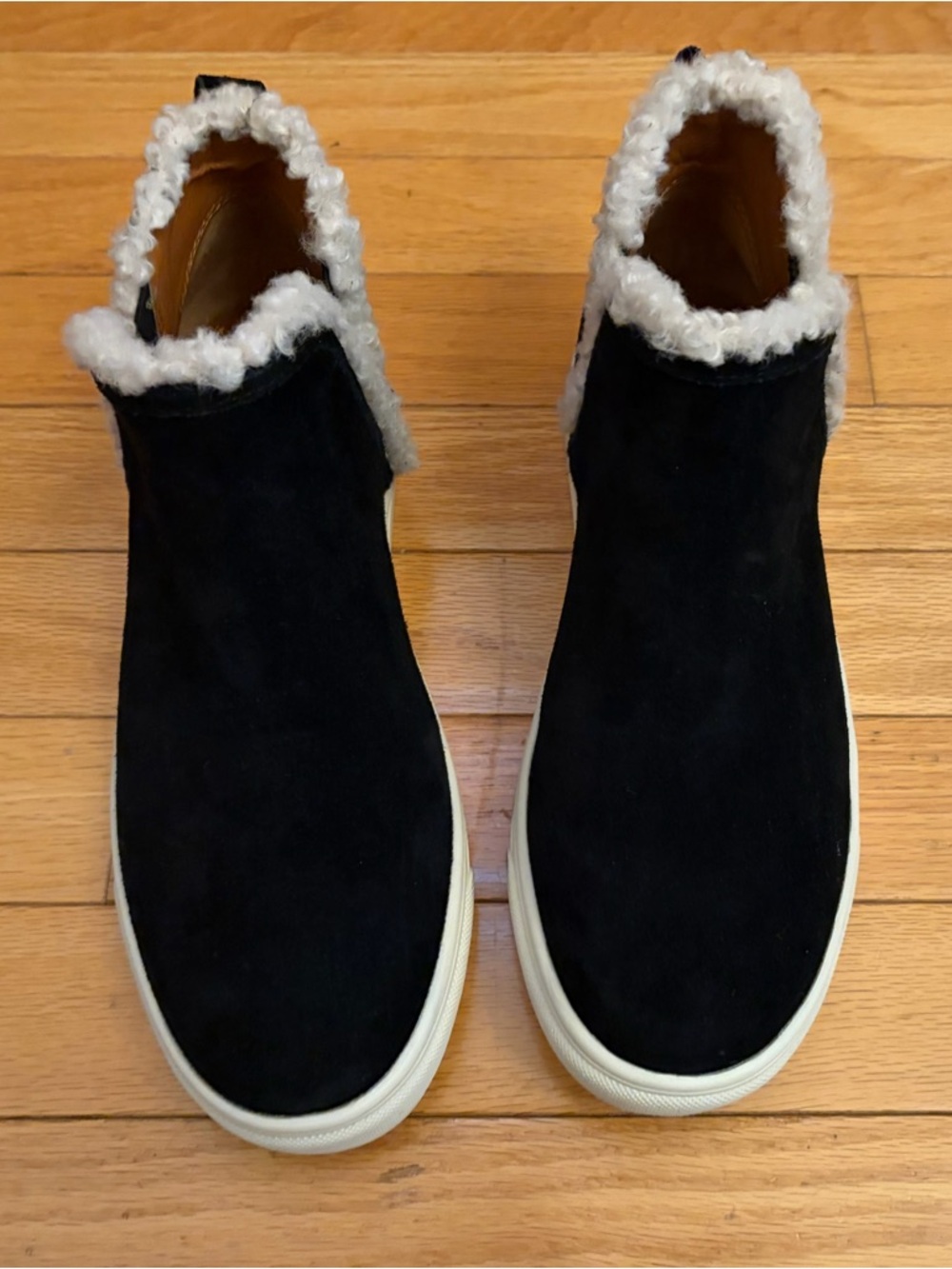 Lucky brand women Black Slip-On Sneaker booties with White Shearling Trim